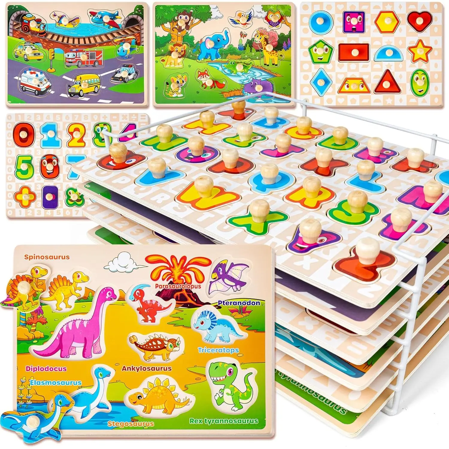 Wooden Puzzles for Toddlers 1-3, 6XSET Puzzles for Toddlers 2-4 with Rack, Learning Alphabet Number Animal Dinosaur Vehicle for Kids, Education Toys for 2 3 Years Boys Girlsfidget toys