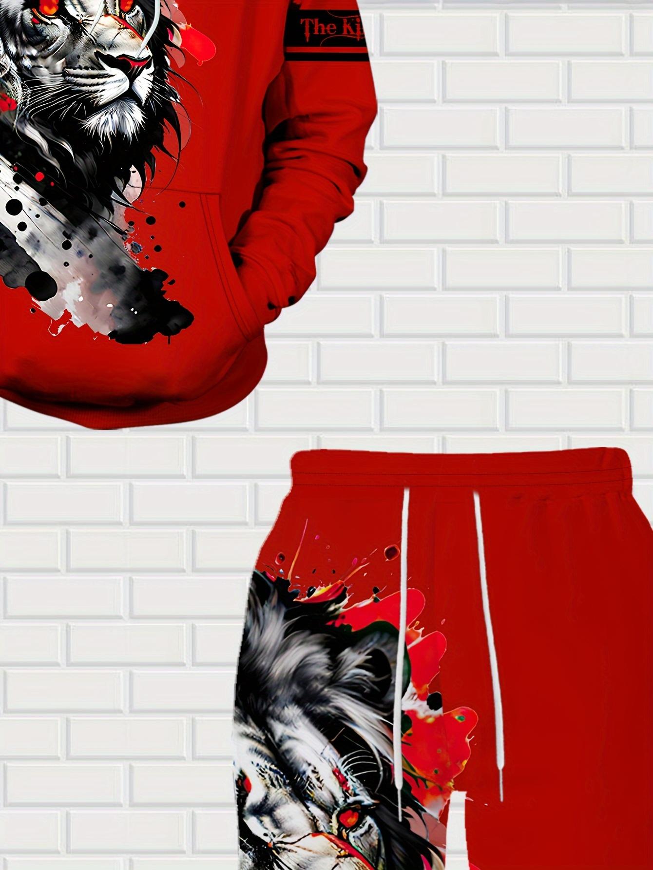 Men's casual 2-piece set, lion ink print hoodie and sweatpants, spring and autumn fashion outfit