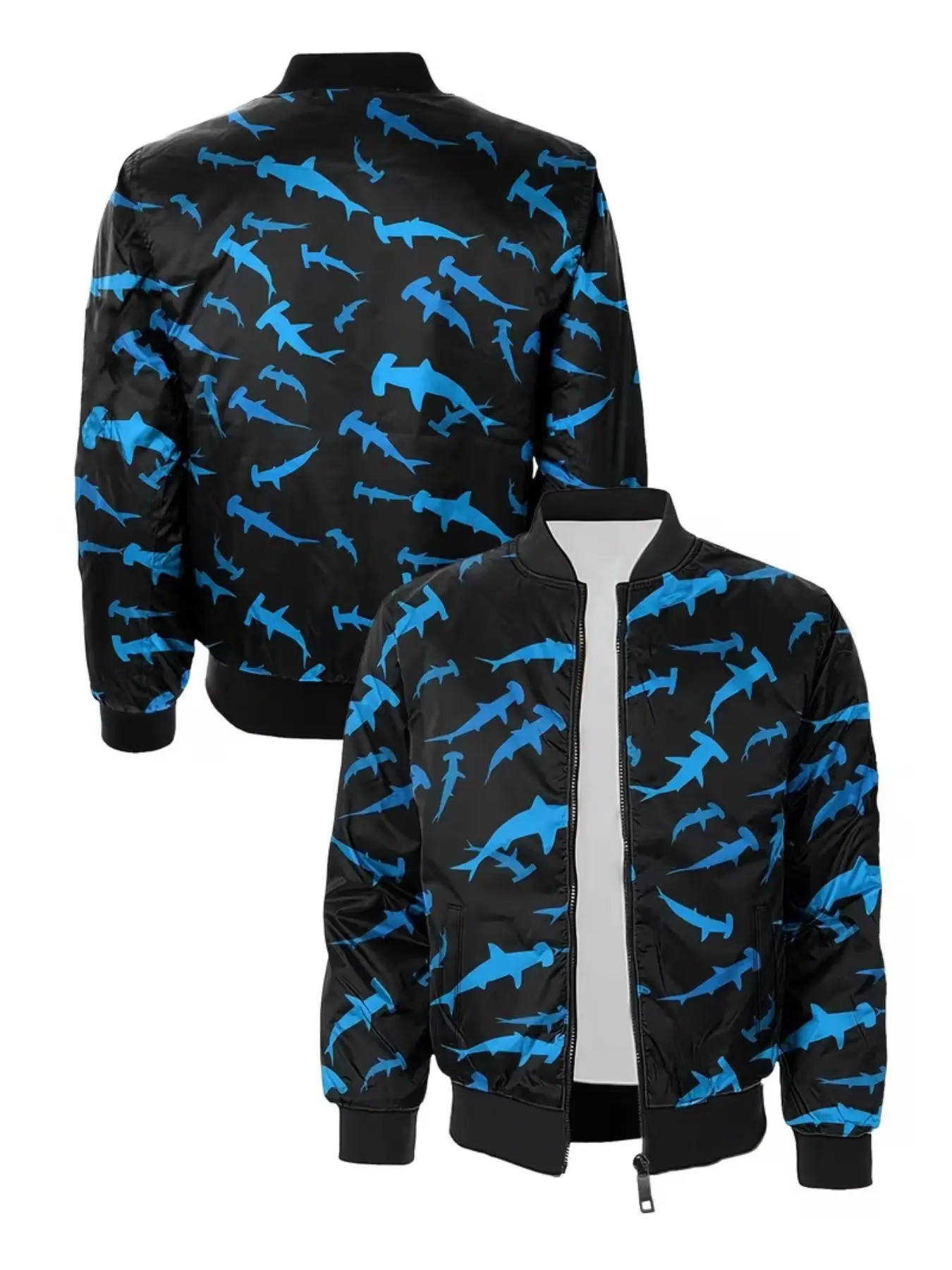 Men's Casual Shark Print Pilot Jacket, Lightweight Polyester, Zipper, Baseball Neck, Ideal for Spring and Fall