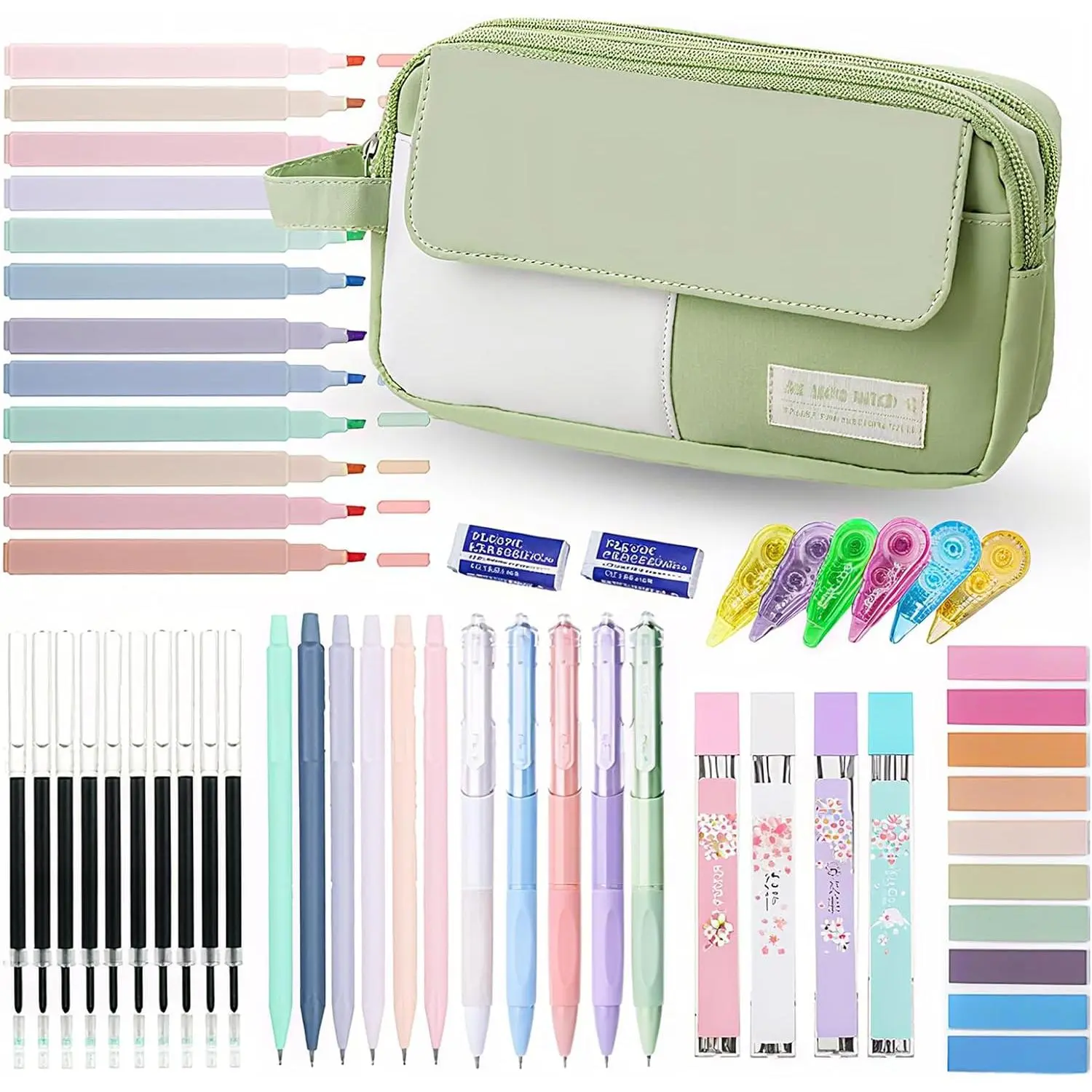 42 count Aesthetic School Supplies with Cute Pencil Case, 12 Highlighters, 5 Black Ink Gel Pens, 6 Mechanical Pencils, Big Capacity Pencil Pouch, Stationary Set for Student,   to School