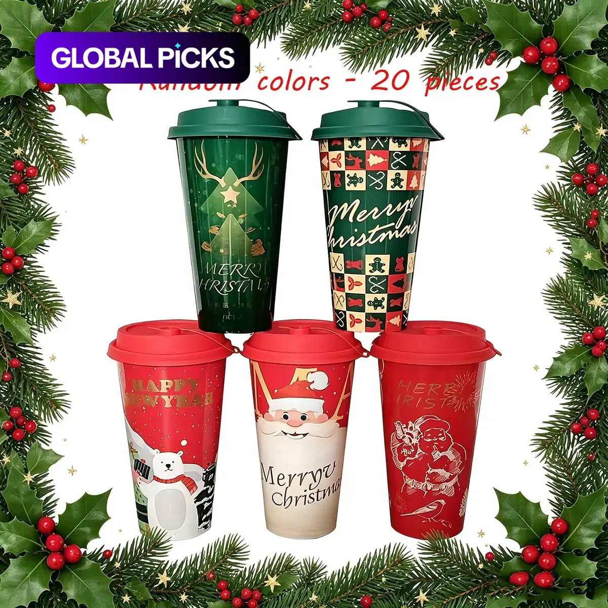 20 Reusable Christmas Cups, Plastic Cups with Lids, 17.6oz (520ML) Santa Tree Design, PP Material, Portable & Lightweight, Perfect for Holiday Parties