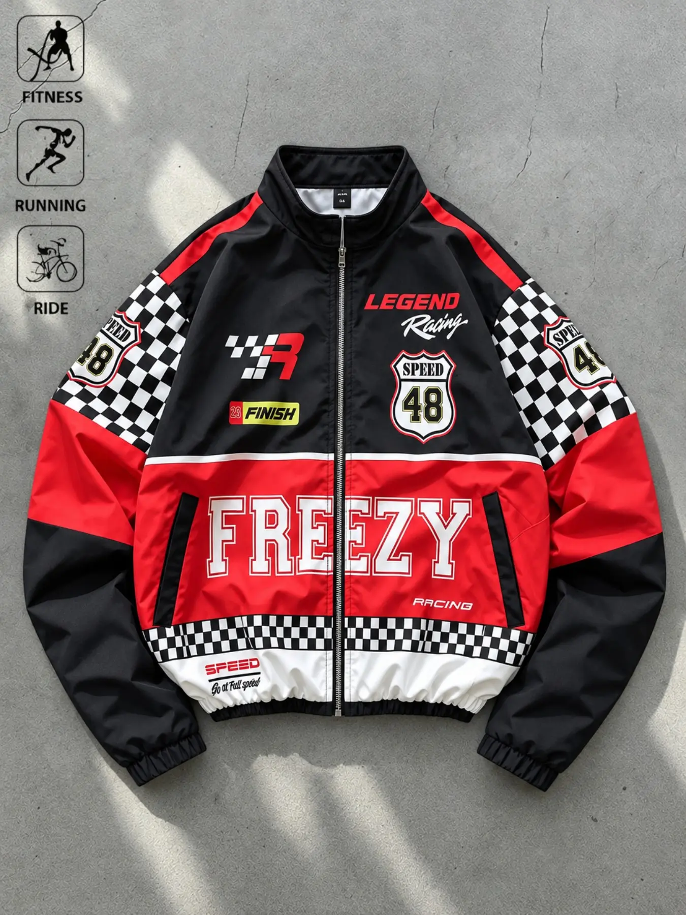 Vintage Racing Jacket Men Women Checkered Flag Print Color Block Windbreaker Stand Collar Zip Up Bomber Jacket Windproof Lightweight Streetwear F1 Aesthetic Motorsport Style Coat For Daily Photoshoot Going Out