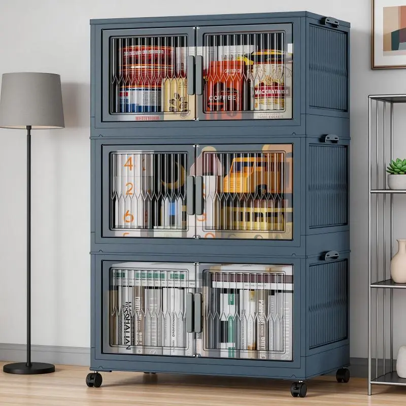 Stackable Multi Layer Foldable Storage Bin Vertical Strip Visible Cabinet Doors Double Handle Design Round Corner Anti Collision Thick Plastic Bedroom Living Room Movable Storage Cabinet