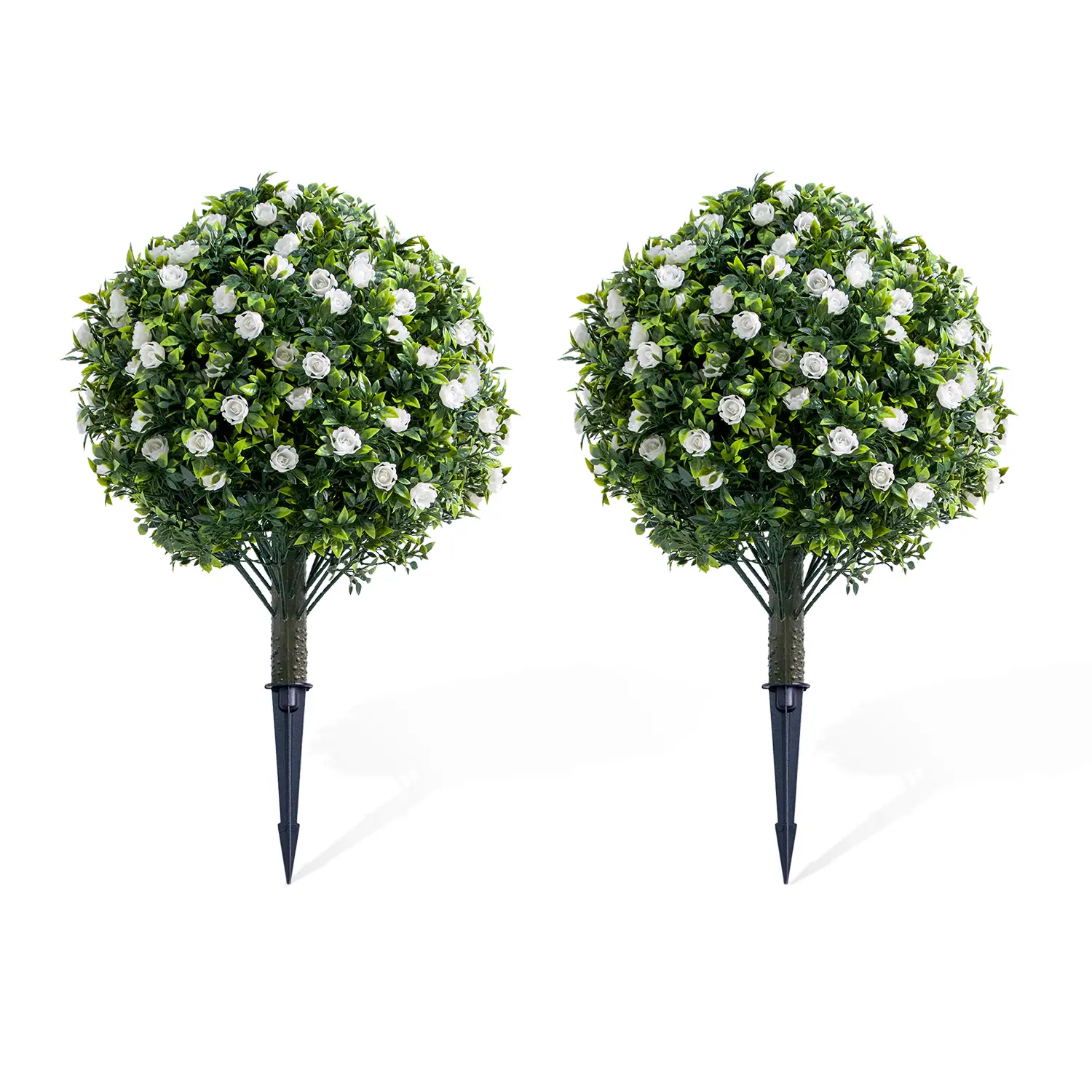 Set of 2 Artificial Topiary Ball Trees with Metal Stakes, 23.6" UV-Resistant PE Fake Plants with Rose Flowers for Indoor/Outdoor Decor