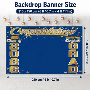 Class of 2026 Graduation Backdrop Banner, Large 82.7 x 59.1 in Blue Gold Congrats Grad Photo Booth Background for Indoor Outdoor Graduation Party Decorations