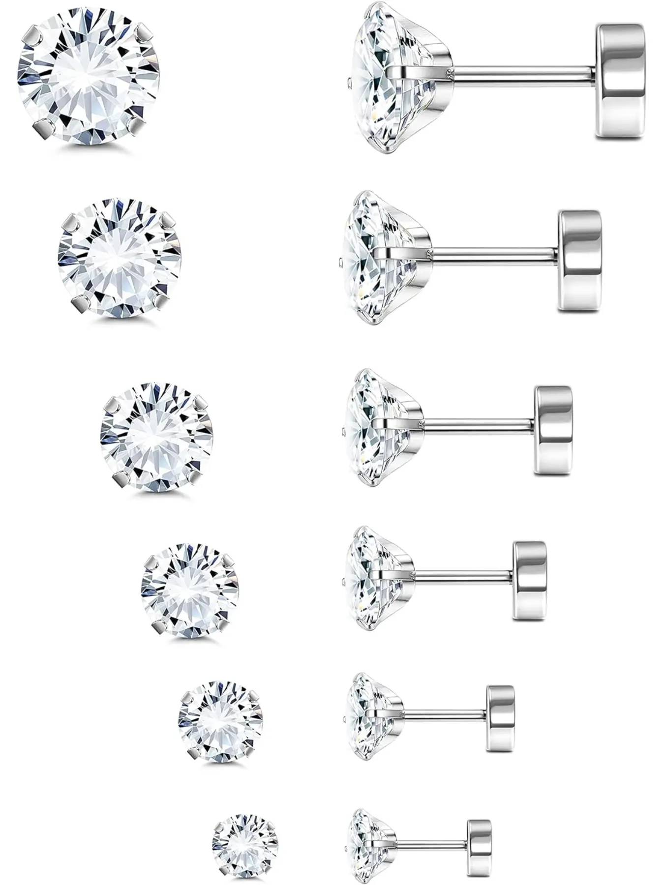 6 Pairs G23 Titanium Stud Earrings, Hypoallergenic Screw Back, Casual Plain Design, 20g 2-8mm, for All Seasons, Daily Wear