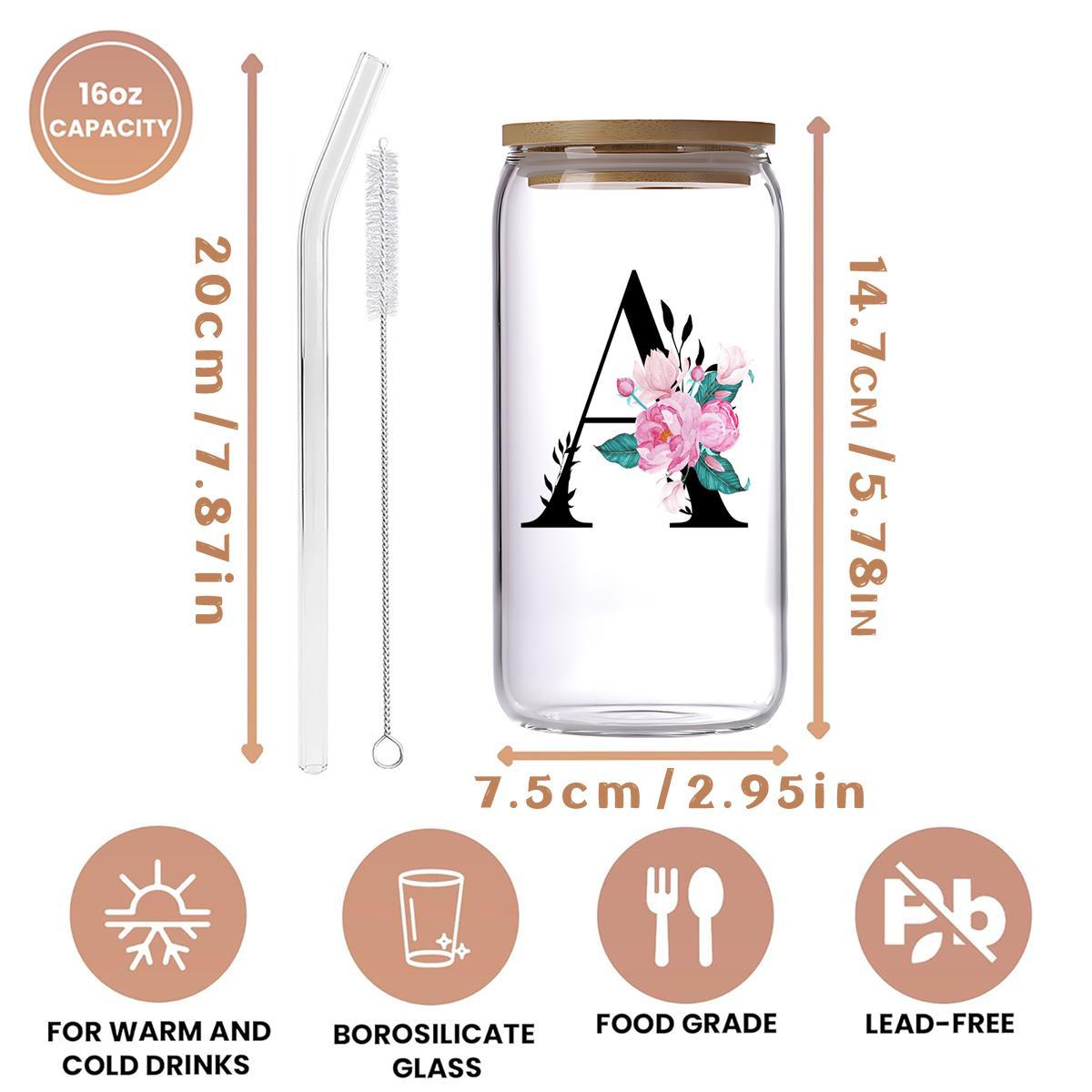 Letter & Flower Pattern Glass Cup with Straw & Brush, 1 Count 16oz Glass Cup, Drinking Cup for Home Office, Stylish Drinkware, Gift for Friend & Family