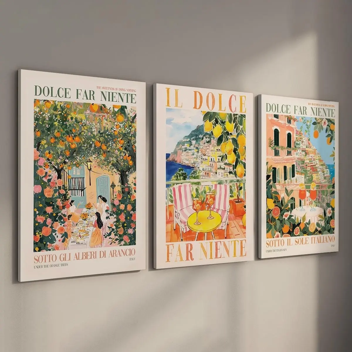 3-Piece Unframed Canvas Art, Amalfi Coast Mediterranean Style, Trees & Townscape, Vintage Portraitino Scene, Ideal for Dining Room, Bedroom, Sunroom Decor