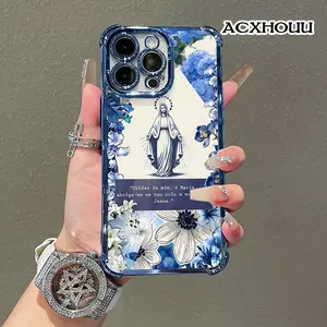 Protective Cover for iPhone 16 E Pro Max 15 Plus 14 13 12 11 XS XR Blue Hydrangea Virgin Mary Anti-Fall Scratch Resistant Cute Kawaii Shockproof Cover