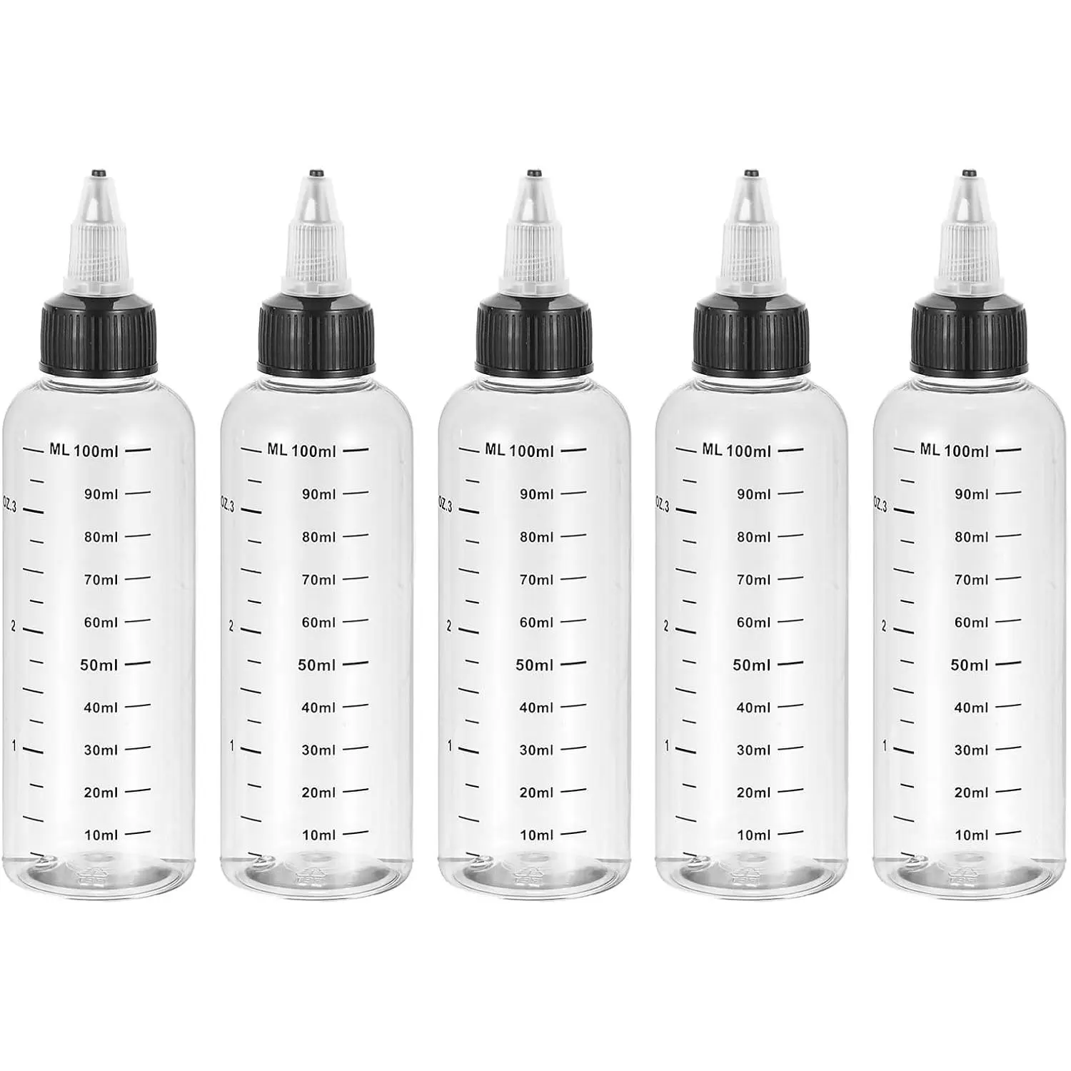 3.4oz(100ml) Plastic Dispensing Bottle, 5 count Squeeze Graduated Empty Bottles with Black Twist Cap for Liquids, Inks, Oils, Sauces, Arts and Crafts, Transparent