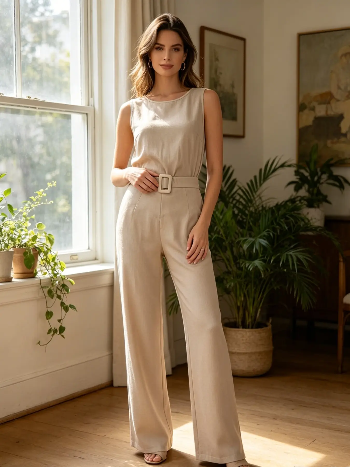 A two-piece set of women's fashionable casual apricot colored sleeveless wide leg pants, paired with a pleated vest and a square buckle wide waistband micro flared trousers, suitable for commuting, shopping and outdoor wear