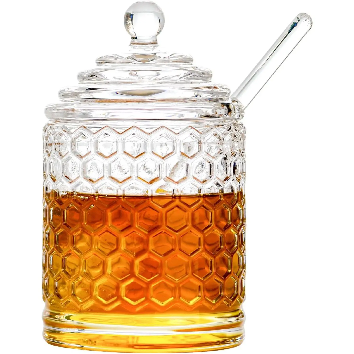 10 oz Glass Honey Jar - Heavy Honey Pot with Lid and Dipper, Honeycomb-Inspired Glass Canisters, Kitchen Storage Container for Home Organizing
