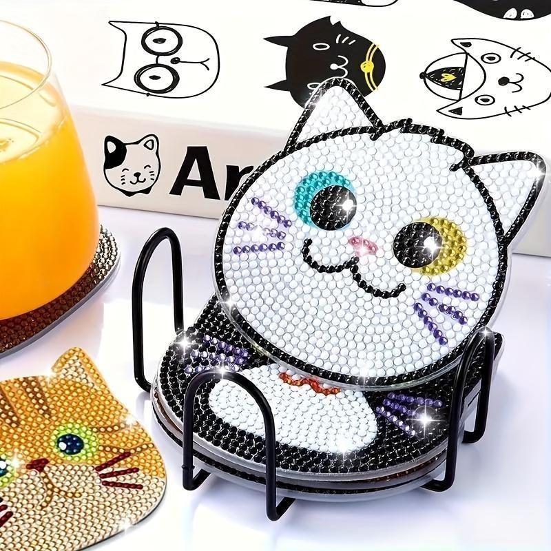 Cat-Themed Diamond Art Painting Coasters With Wooden Base, Diy Craft Kit For Beginners And Adults, Non-Slip Drink Pads For Home Table Decor, Ideal Handmade Gift And Daily Tabletop Accessory