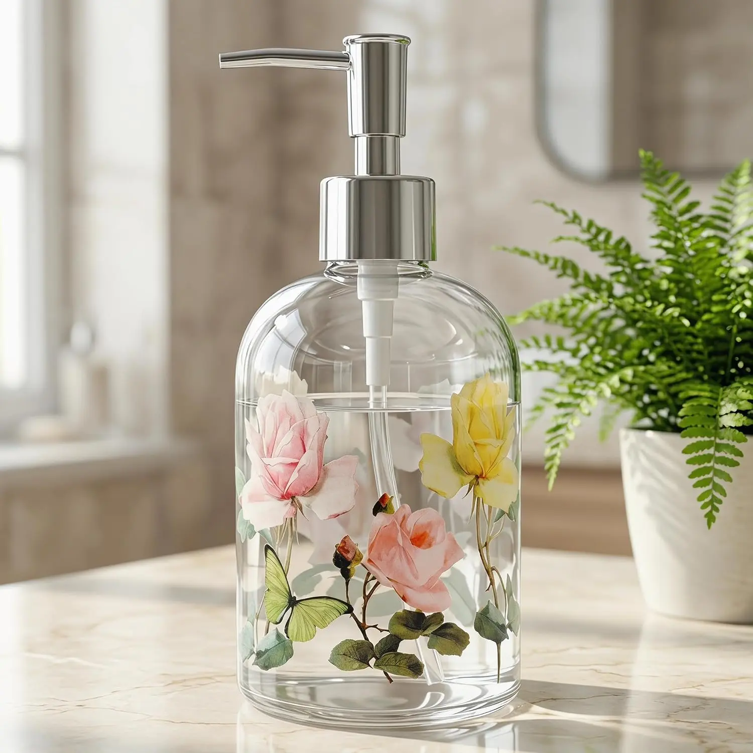 17oz Sturdy Thick Glass Floral Soap Refill Bottle - Vintage Rose & Butterfly Single Unit, Pink & Green Decorative Countertop Pump Bottle for Pet Supplies Bathroom Hand Soap, Wedding Gift, Wash Clean Use