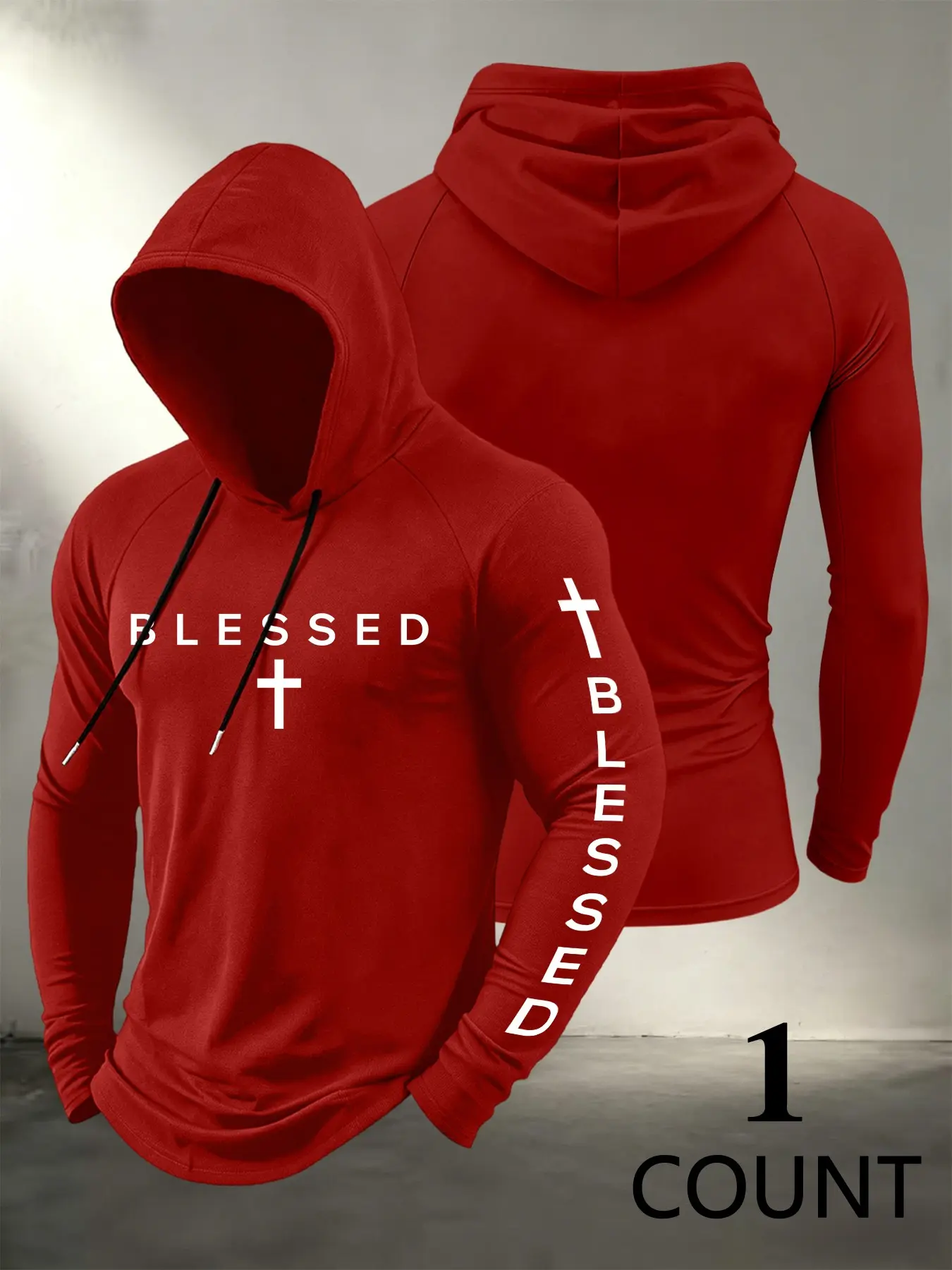 Men BLESSED Cross Print Hooded Long Sleeve Top, Front & Sleeve Letter Cross Graphic, Drawstring Hood, Slim Fit Faith Streetwear Hoodie For Gym Workout Daily Casual Outdoor Activities, Outdoor Sports Top