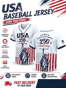USA 250th Anniversary Baseball Jersey Sports, Quick-Dry Short Sleeve, High-Quality Experience, Exclusive Field Style, Spring & Fall Casual Top