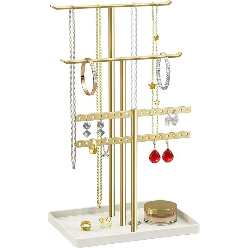 Jewelry Stand Holder Organizer: 14.5" Sturdy Hanger for 80 Pcs Jewelry, Gift for Women, Gold Jewlery Tower for Necklace, Earring, Bracelet