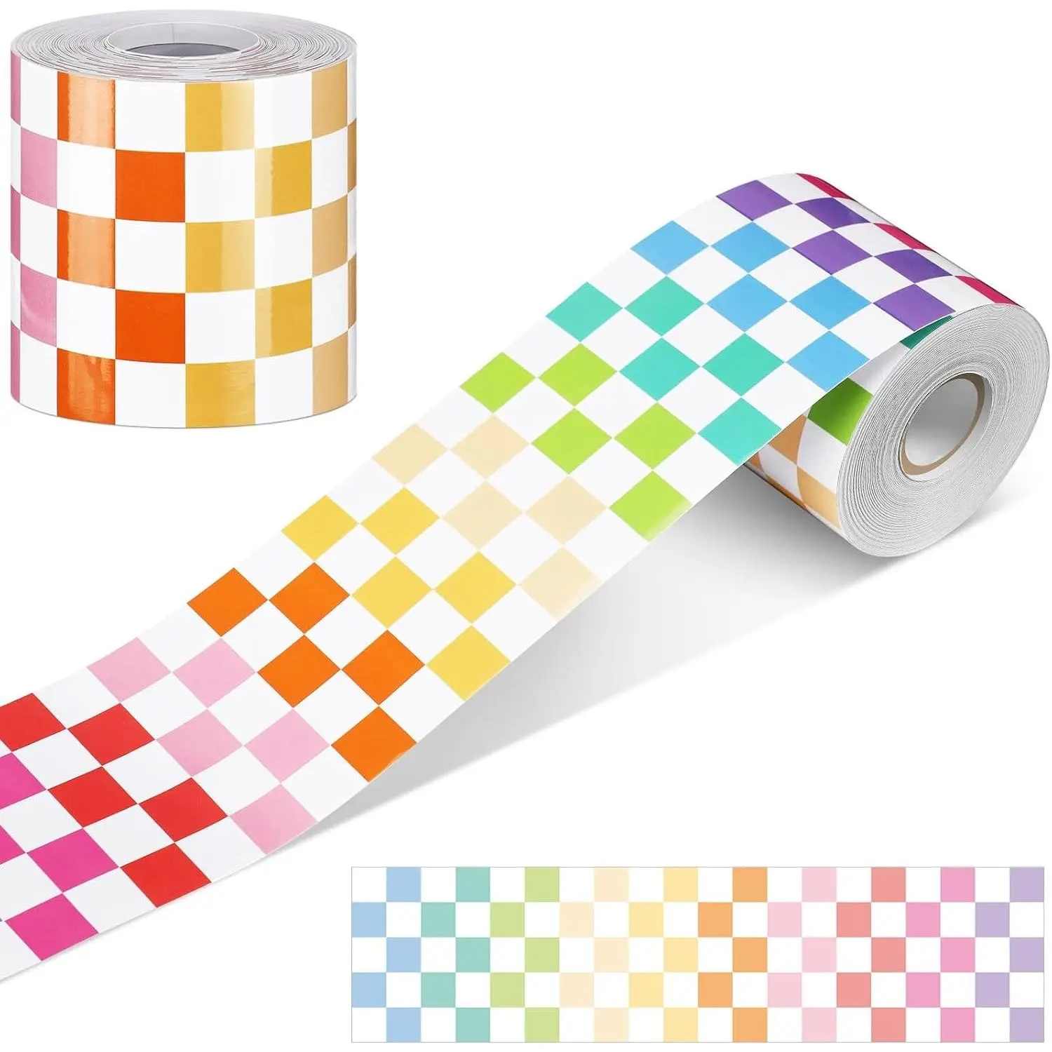 65 Feet Checkered Bulletin Board Border - Rainbow Pastel Straight Trim, Back to School Classroom Decor, Colorful Checkerboard Borders for Chalkboard Desk Supplies