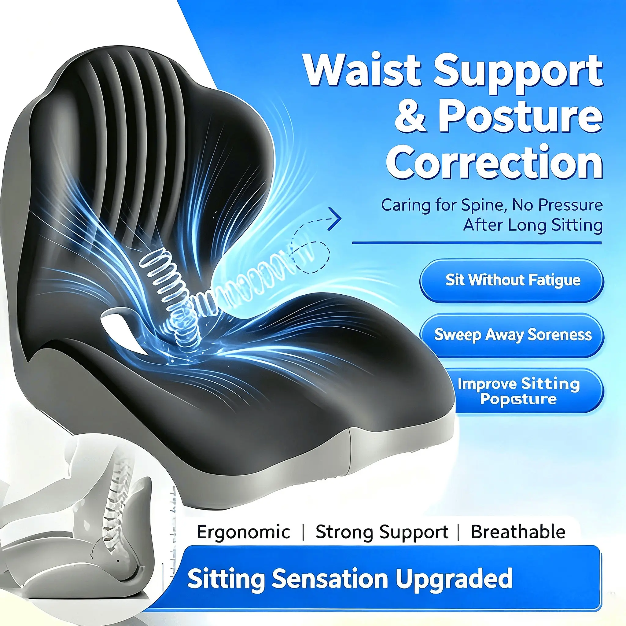 Ergonomic memory foam seat cushion with lumbar and back support; suitable for office chairs, cars, and gaming chairs; provides comfortable seating, improves posture, and relieves pressure.