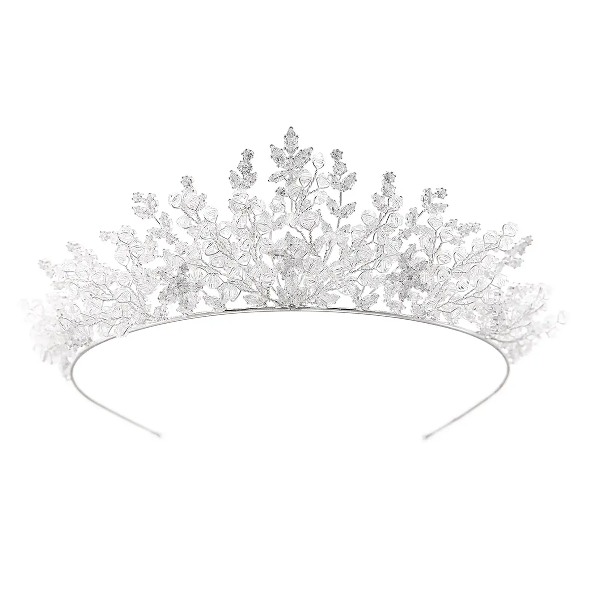 Women Silver Floral Leaf Artificial Zircon Tiara, Handmade Sparkly Crown Hair Accessory for Wedding & Quinceañera, Crown Shape