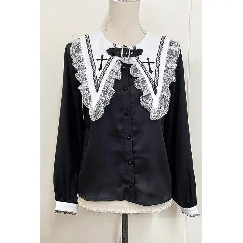 Japanese Gothic Lolita Loose Blouses Sweet Lace Ruffles Embroidery Sailor Collar Shirt Women Punk Style Y2k Long Sleeve Top 2026