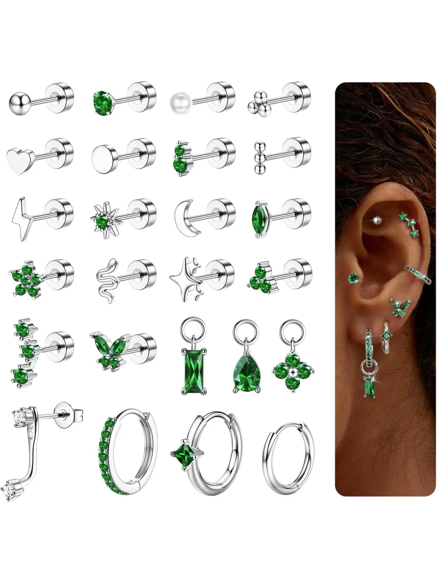 25pcs Earrings with Flat Backs, Hypoallergenic Surgical Steel Stud Hoop Earrings Set Tragus Helix Cartilage Earring Gold Plated Conch Daith Tragus Piercing Jewellery Flower Stud Earrings for Women Casual Earrings Set