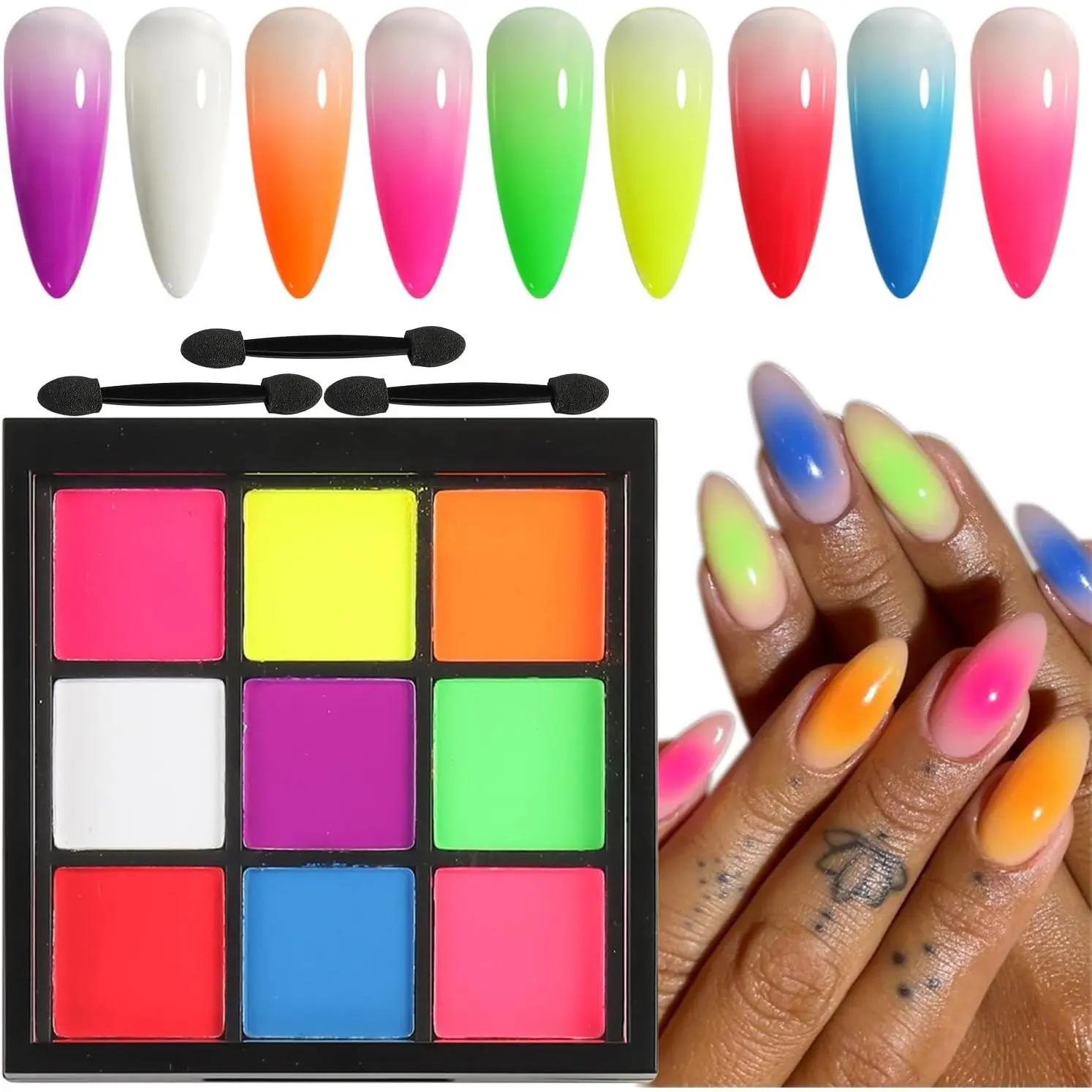 9 Colors Neon Nail Pigment Powder Palette Solid Phosphor Fluorescent Nail Glitter for Aura Ombre Gradient Summer Nail Decoration Manicure