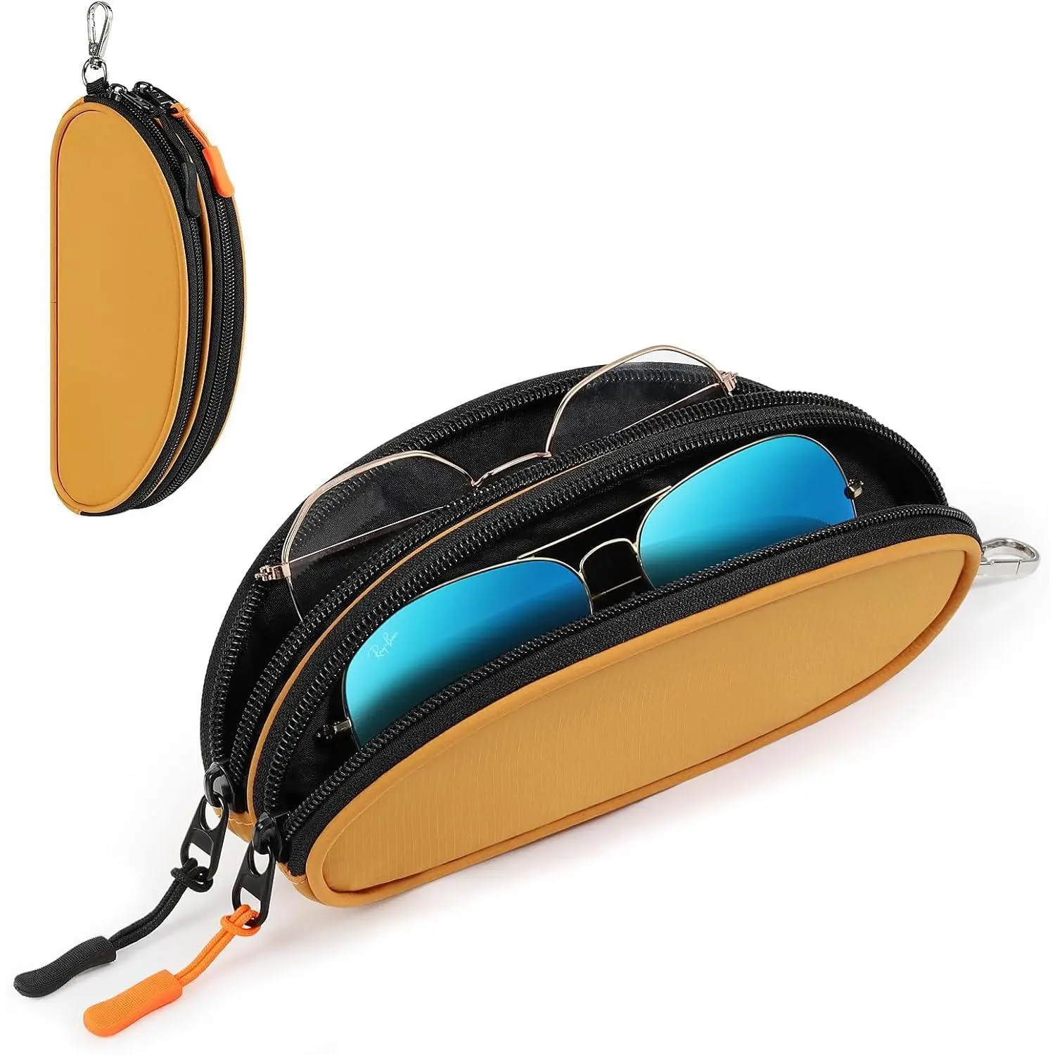 Double Eyeglass Case, Unisex Soft Oxford Fabric Pouch with Padded Lining, Water-Resistant Travel Sunglasses Holder with Zipper & Metal Clip