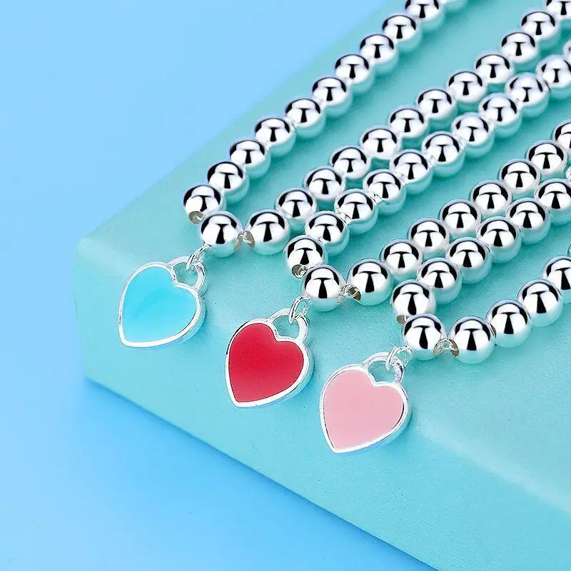 imitation S925 sterling silver round bead bracelet beaded enamel peach heart love shape bracelet jewelry gifts