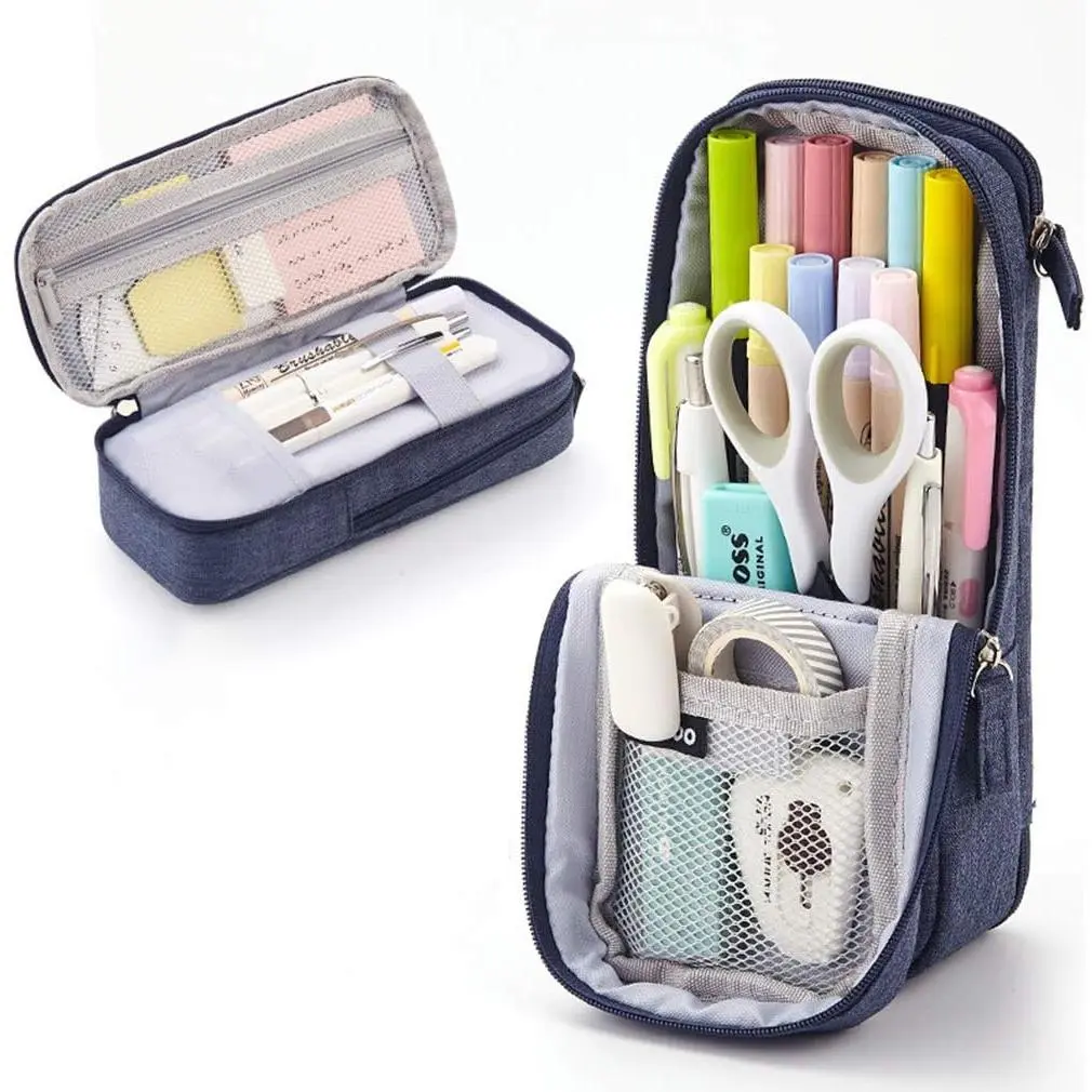 Standing Pencil Case 2 Compartments Pencil Pouch  Mobile Phone Holder Bracket Pen Bag Large Capacity Phone Pouch College Stationery Organizer Storage for  Boys Girls
