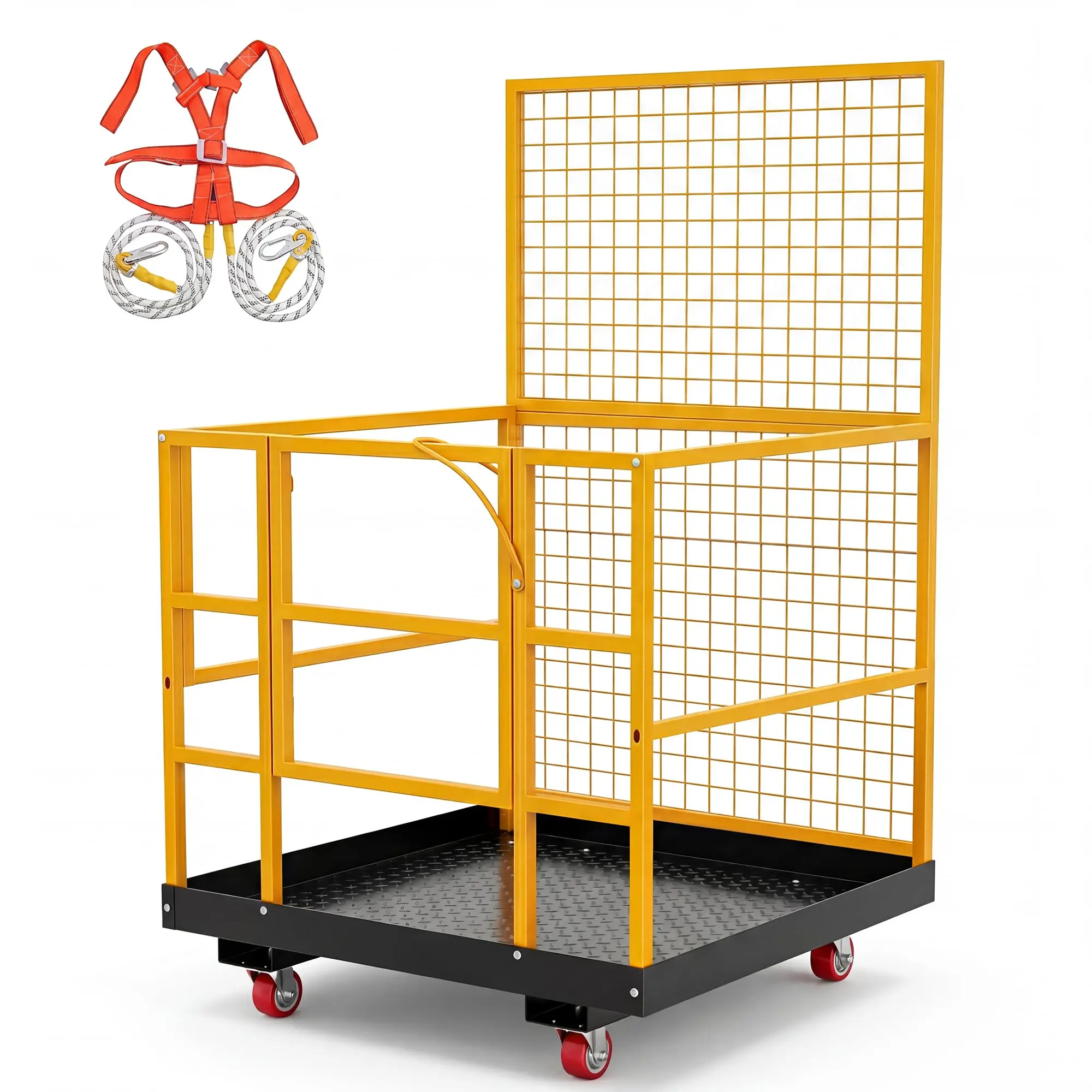 Garvee OSHA-Compliant Forklift Safety Cage Man Basket, 43 x 45 Inch Collapsible Steel Personnel Work Platform, 2200 LBS Loading Capacity, Equipped with Guardrails, Mesh Safety Door, Non-Slip Floor, Safety Harness and Transport Wheels