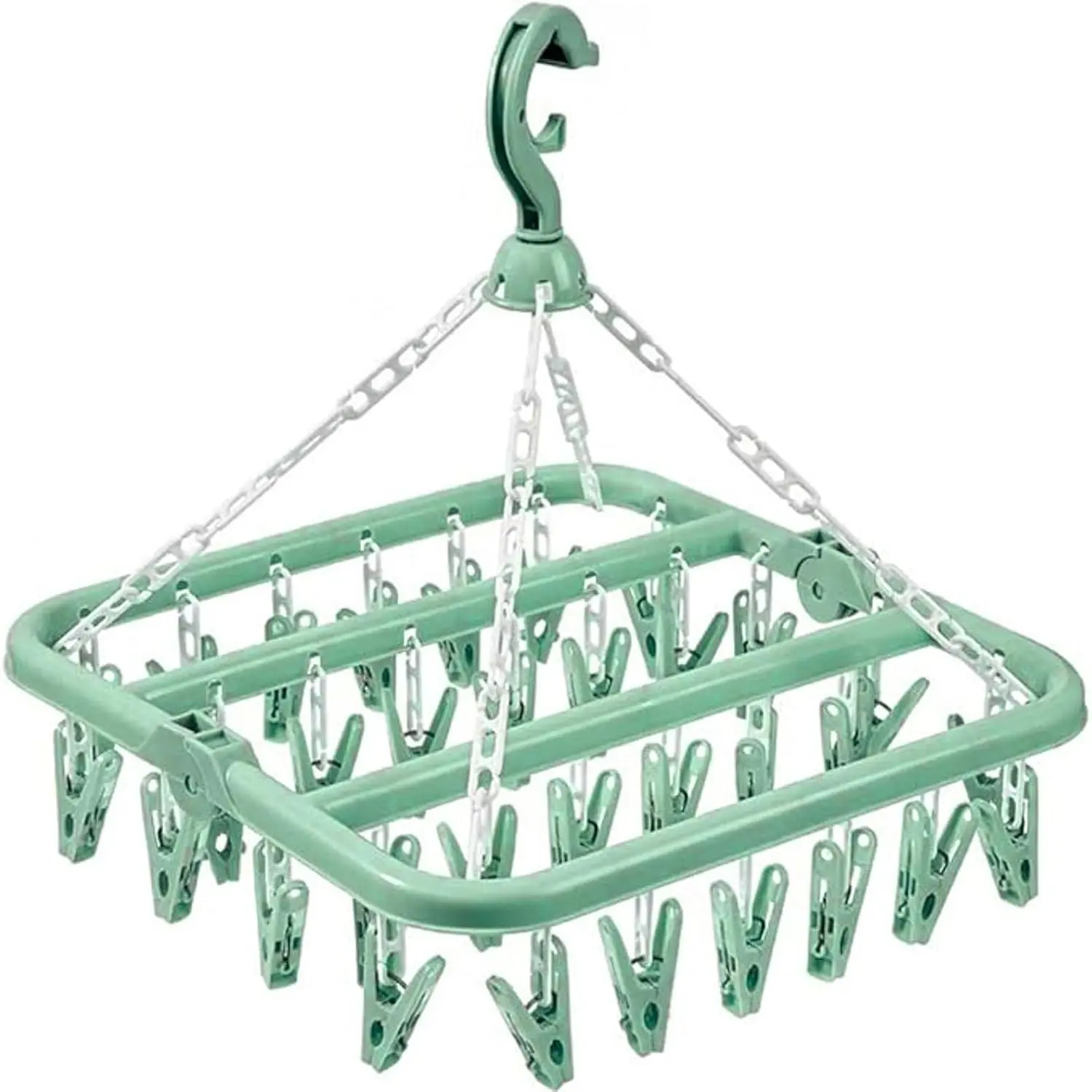 Household Plastic Clothes Drying Hanger - 32-Clips, Adjustable, Collapsible, Modern Drip Rack (Light Green), Organiser