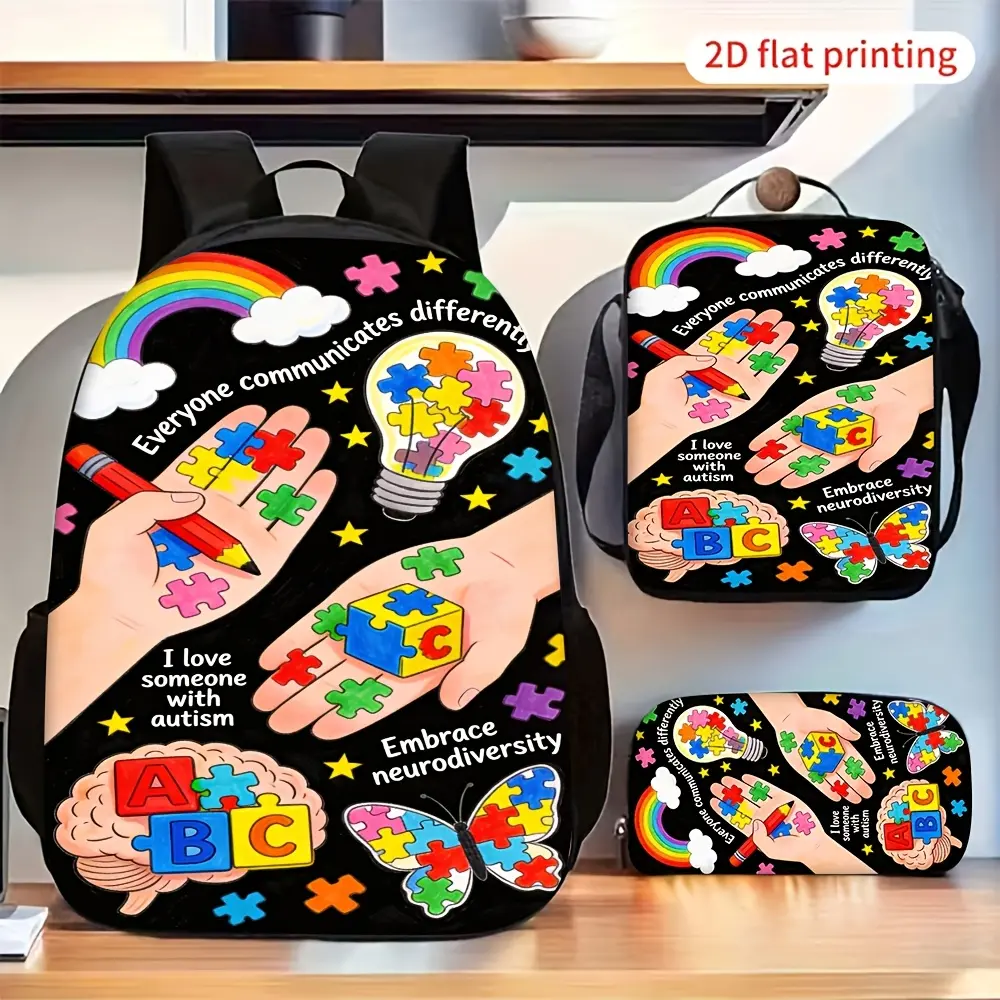 3-Piece Backpack Set: Autism Awareness & Embracing Neurodiversity (Celebrating Unique Communication Styles) – Includes Printed Backpack, Lunch Bag, and Pencil Case; Versatile Daily Backpack, Perfect for Back-to-School.