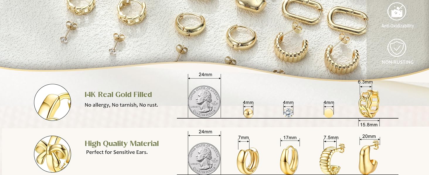 BESTEEL 12 Pairs Chunky Gold Hoop Earrings Set for Women Trendy Hypoallergenic 14K Gold Plated Thick Stainless Surgical Steel Stud Huggie Earring Stacks Pack Jewelry for Sensitive Ears