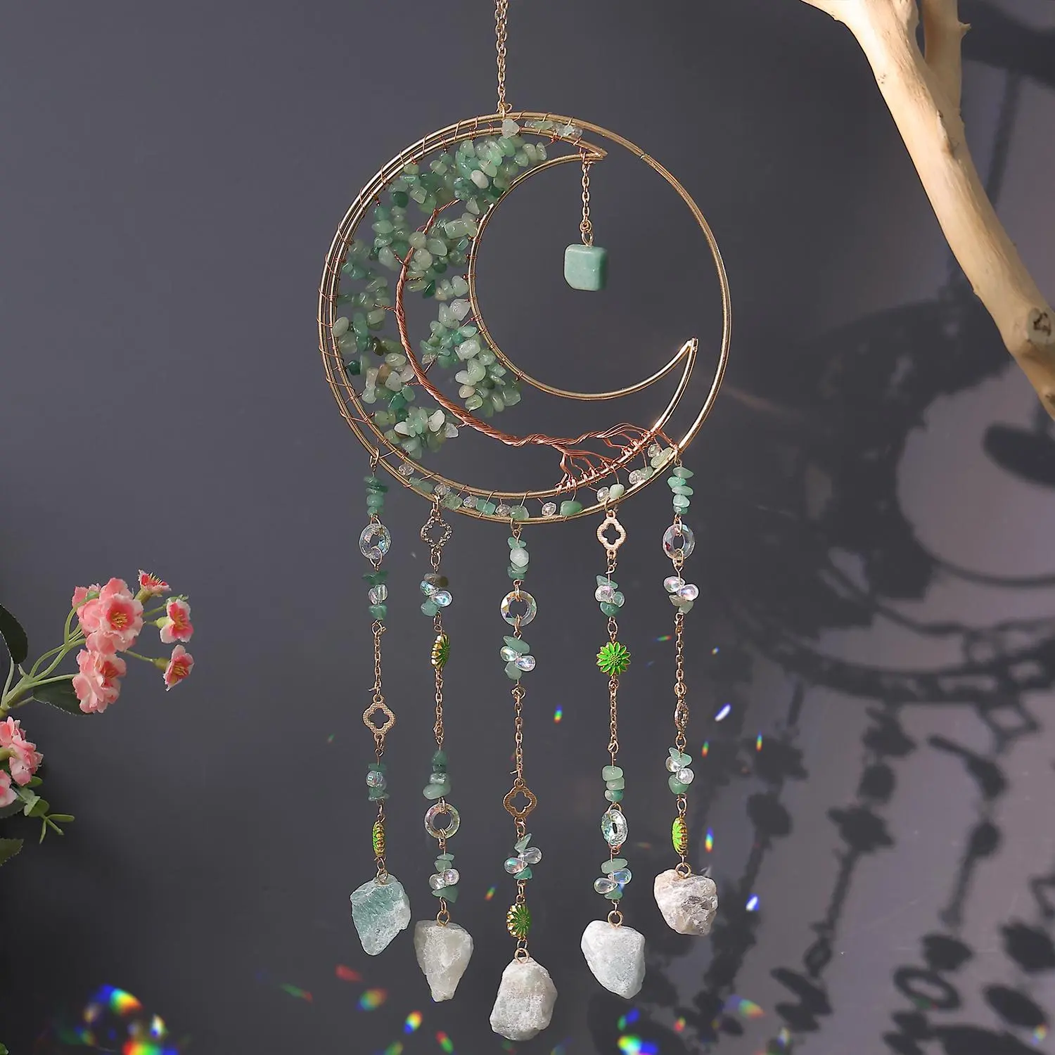 Moon Design Crystal Dream Catcher, Rainbow Maker Wall Decoration, Dreamy Crystal Pendant, Christmas and Thanksgiving Decor, Suitable for Home Rooms, Gardens, Windows, Hanging Decor