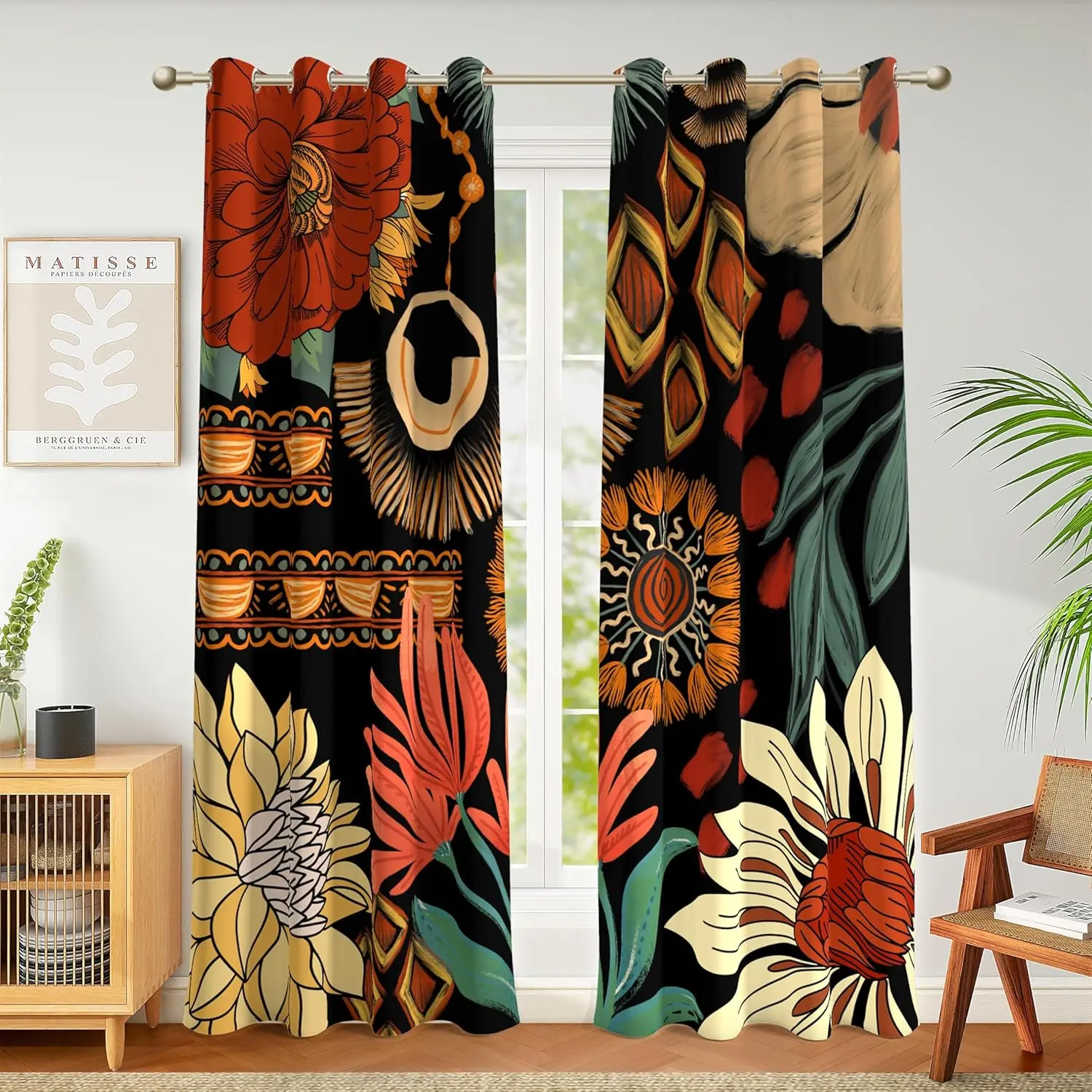 100% Blackout Black Boho Floral Curtains for Living Room 84 inch Long 2 Panels Farmhouse Mid Century Black Out Curtains for Bedroom Grommet Thermal Room Darkening Window Drapes,52Wx84L