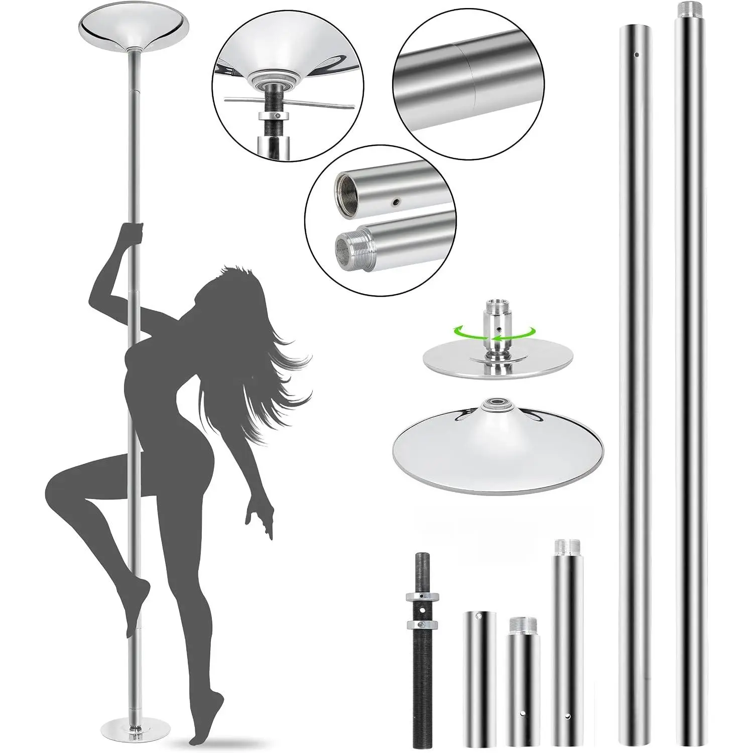 Portable Spinning Static Dance Pole 45 mm Removable Stripper Pole Kit with Extension for Beginners and Professionals Silver for Home Gym Fitness Club Party Studio
