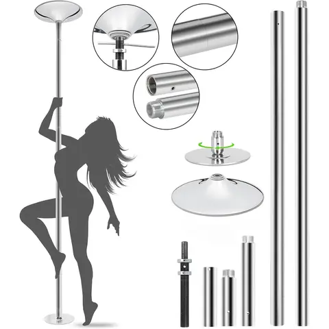 45mm Iron Portable Static-Spin Dance Pole Kit - Removable with Extension, Max Height 108", for Training, Home & Studio Use (Silver, Ideal for Beginners)