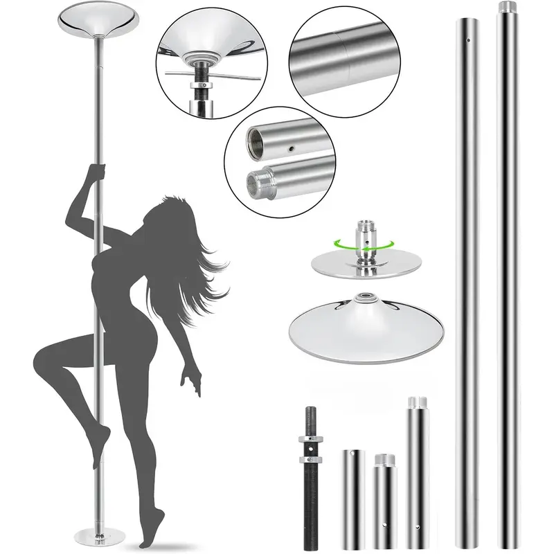 45mm Iron Portable Static-Spin Dance Pole Kit - Removable with Extension, Max Height 108", for Training, Home & Studio Use (Silver, Ideal for Beginners)