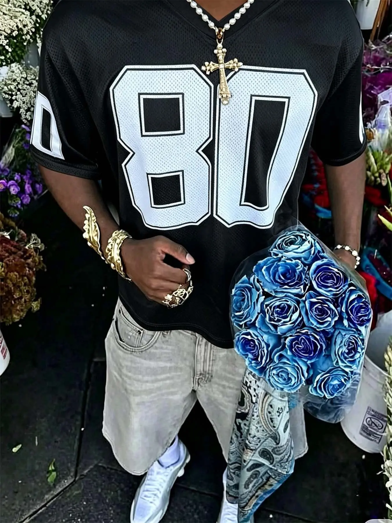 Viral TikTok Unisex 80 Number Mesh Football Jersey V Neck Short Sleeve Oversized Street Tee Breathable Loose Sport Top Retro 90s Hip Hop Y2K Vintage Outfit Couple Matching Shirts Game Day Casual Daily Summer Tops 2 Colors Royal Blue Black S-XXL