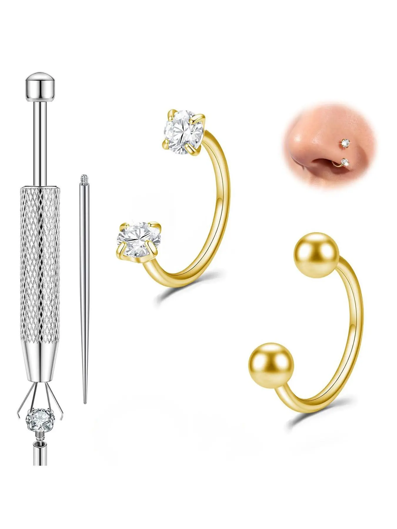 20g Horseshoe Nose Ring Gold Silver Nose Rings Hoops with Double CZ Gems Hypoallergenic Septum Ring for Women Men Small Cartilage Helix Tragus Daith Labret Piercing Jewelry 8mm