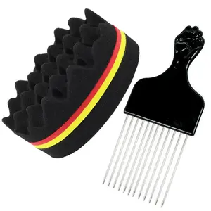 Afro Hair Styling Set: Curl Sponge & Stainless Steel Pick Comb – Soft Foam Tool for Curly Hair/Dreads/Waves, Black, Comb with Metal Pick, Hair Styling Combs, Curl Hair Brush, Curl Defining Brush