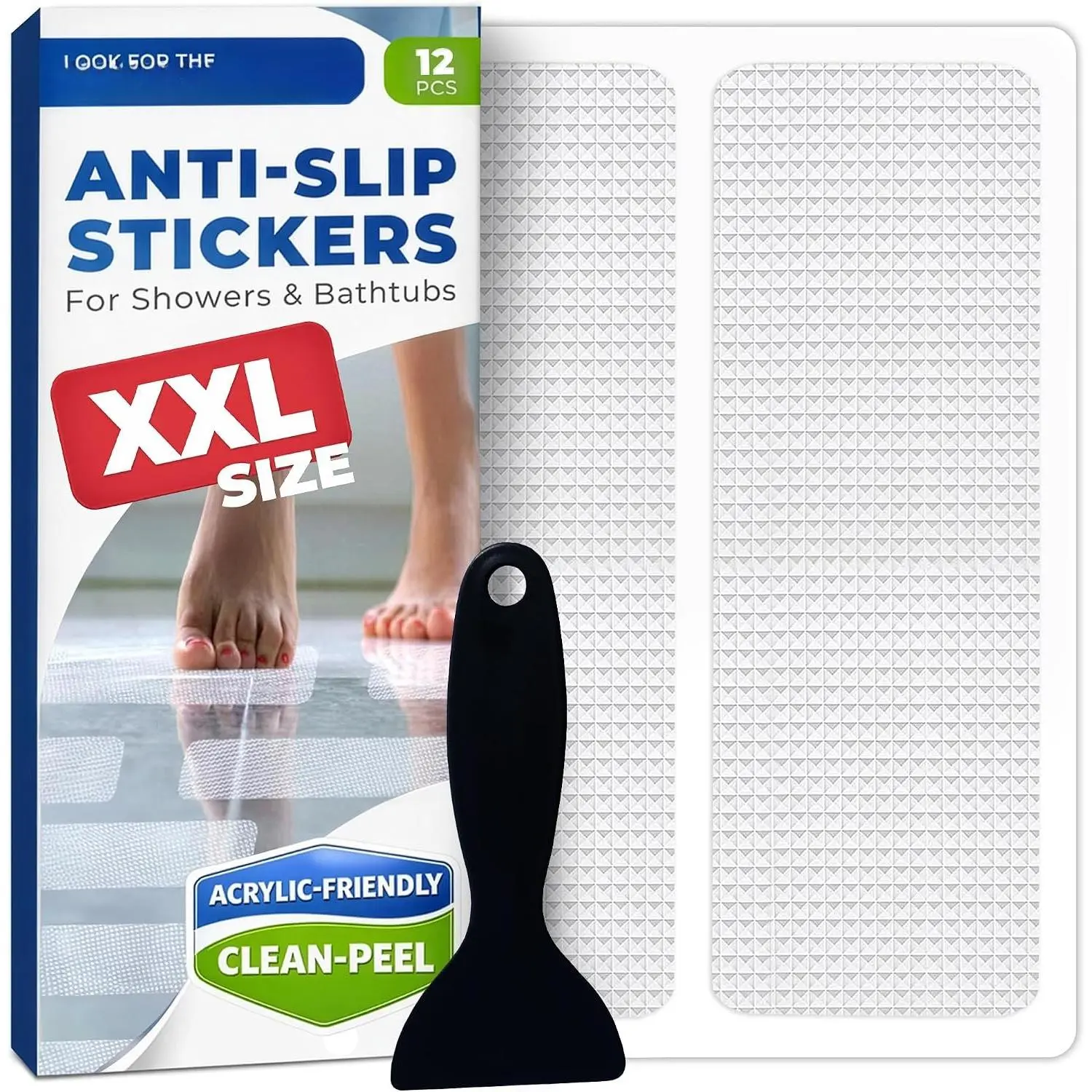 XXL Anti Slip Shower Stickers 12 count, Non-Slip Bath Tub Strips,  | Improves Grip and Traction  Wet Floors | Safety Option for Seniors & Adults | Peel-and-Stick Install, Scraper Tool Included