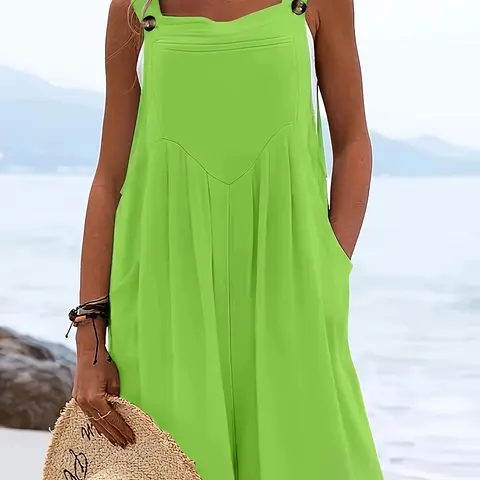 Women's Plus Size Casual Fashion Spring Wide Leg Off Shoulder Romper, Loose Fit Overall Shorts with Shoulder Buttons and Side Pockets, 10 Colors Available