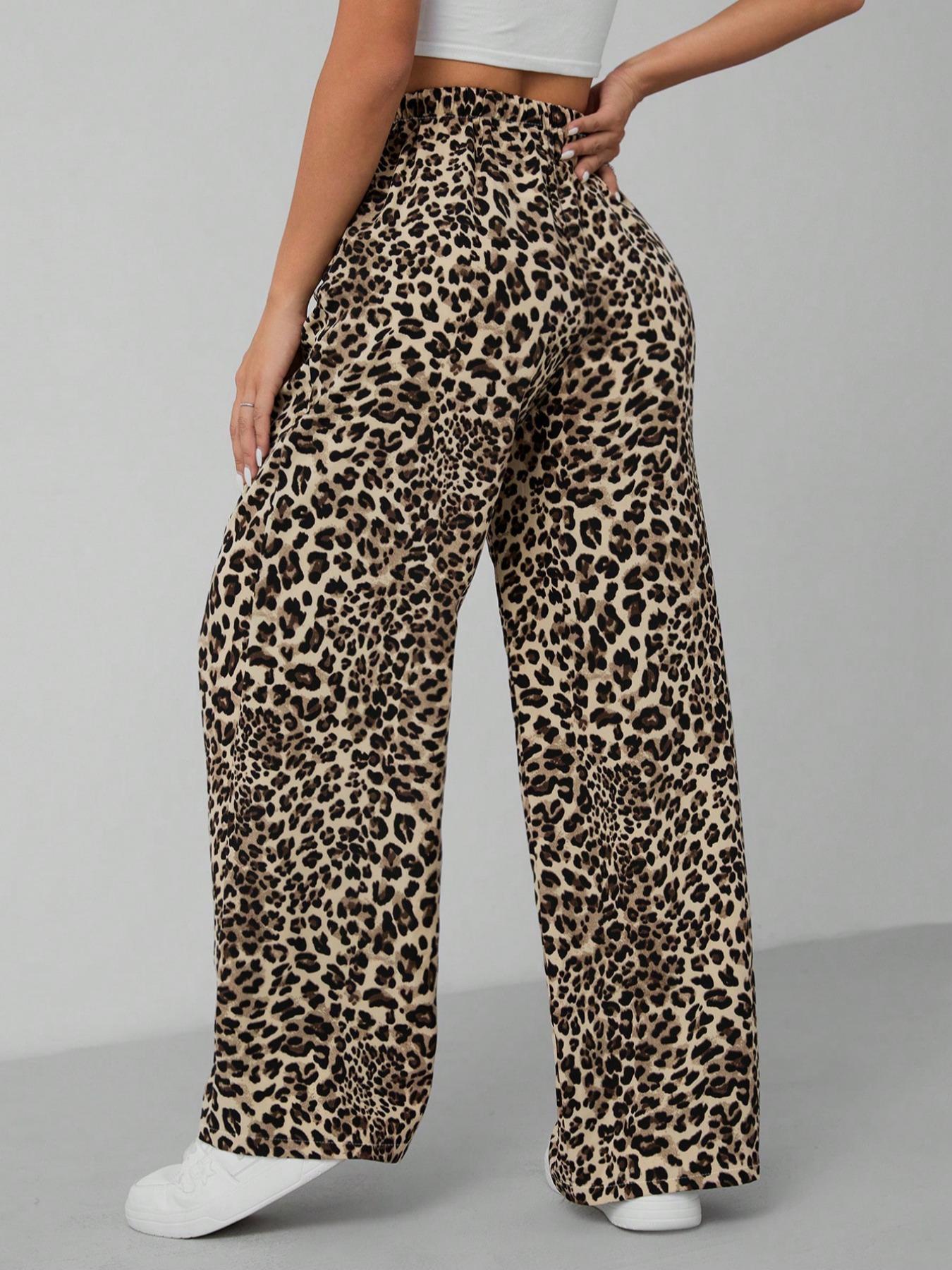 Women's Leopard Print Tie Front Pocket Wide Leg Pants, Casual Comfy Straight Leg Trousers for Daily Wear, Ladies Bottoms for All Seasons, Womenswear