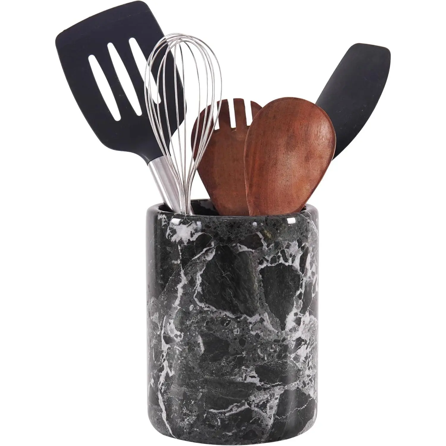 Marble Utensil Holder 6.5" Inches Black  Spatula Set for Kitchen Counter, Cooking Utensils Jar & Kitchen Essentials Organizer, Ideal Utensil  & Spoons Holder