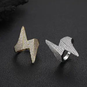 18K Thick Gold Plated 5A Zircon Lightning Ring, Minimalist 3D Hip Hop Statement Band, Alpha Male Streetwear Jewelry, Cool Punk Rock Finger Ring for Men, Bold Masculine Fashion Accessory, Trendy Ring for Boyfriend Gift, Y2K Urban Style