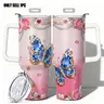 1pc, 40oz/30oz/20oz/14oz Stainless Steel Double Wall Vacuum Insulated Water Cup, Blue Gem Butterfly & Rose Adorned, Leakproof Lid & Carry Handle, Ideal for Outdoor Camping Hiking, Gift for Her