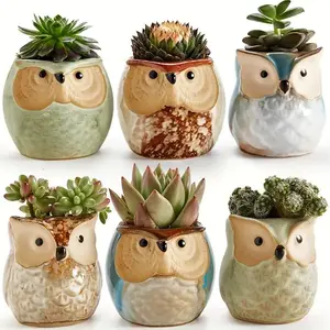 6-Piece Owl Ceramic Glazed Bottom Succulent Planter Set, Cactus Pot with Drainage Holes, Home Office Desktop Garden Gift, 6cm No Plants Included