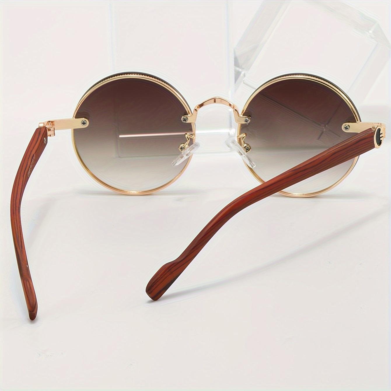 Men Retro Round Decorative Glasses Metal Full Rim Faux Wood Grain Temples Vintage Lightweight Eyewear